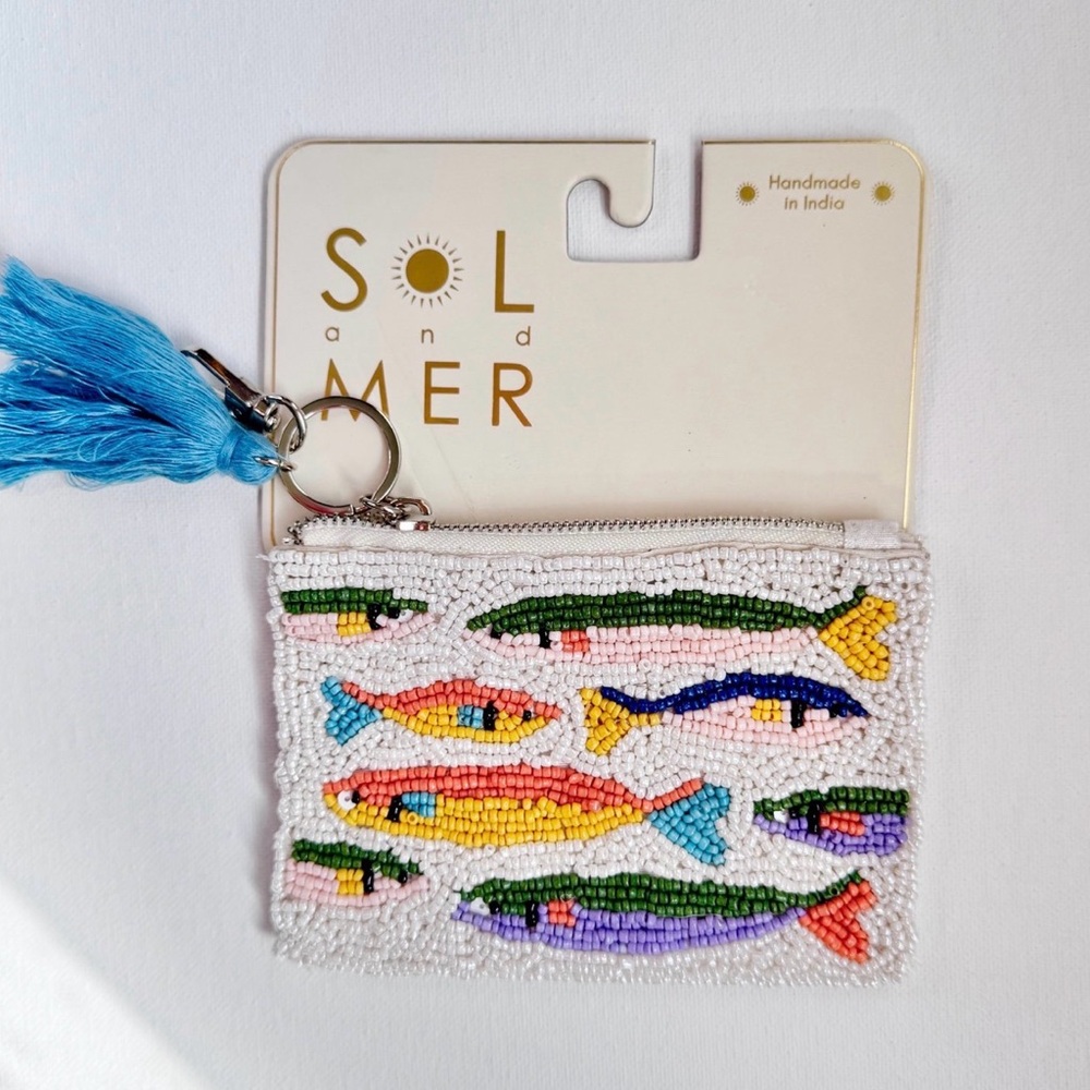 Sol and Mer Beaded Fish Coin Pouch in White with Multicolor Fish